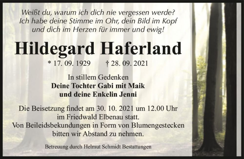  Traueranzeige für Hildegard Haferland  vom 16.10.2021 aus Magdeburger Volksstimme