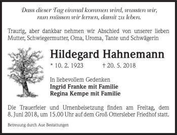 Traueranzeige von Hildegard Hahnemann  von Magdeburger Volksstimme