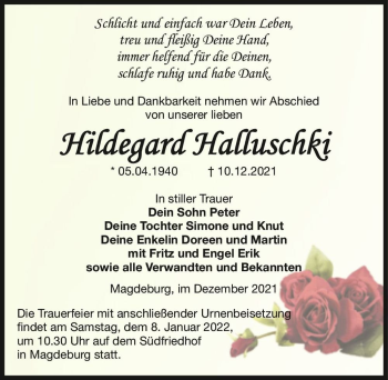 Traueranzeige von Hildegard Halluschki  von Magdeburger Volksstimme