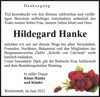 Traueranzeige von Hildegard Hanke  von Magdeburger Volksstimme