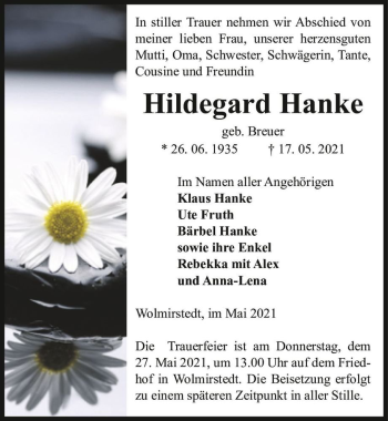 Traueranzeige von Hildegard Hanke (geb. Breuer)  von Magdeburger Volksstimme