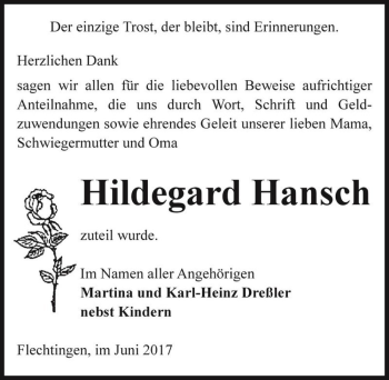 Traueranzeige von Hildegard Hansch  von Magdeburger Volksstimme