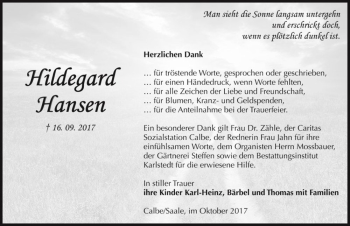 Traueranzeige von Hildegard Hansen  von Magdeburger Volksstimme