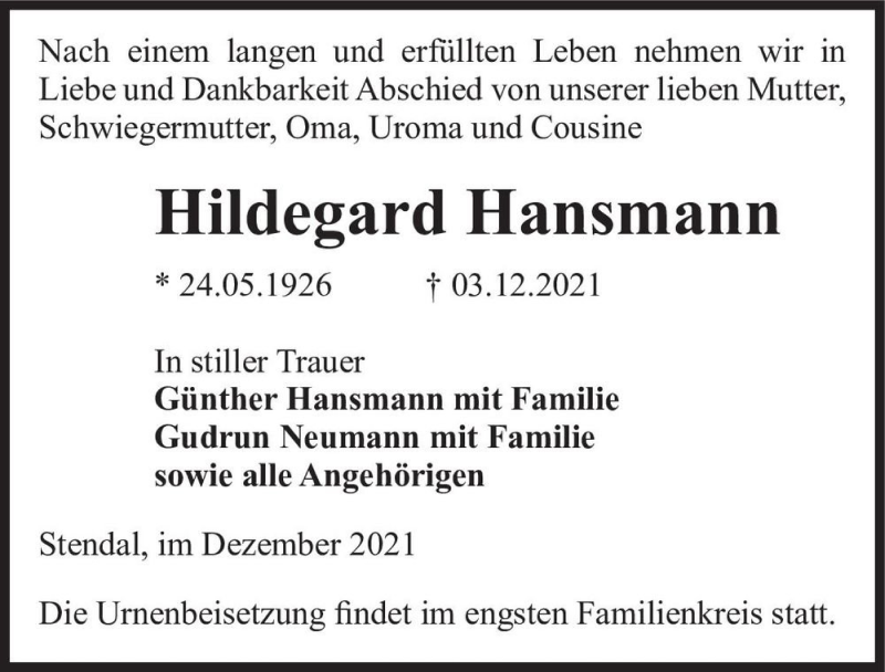  Traueranzeige für Hildegard Hansmann  vom 11.12.2021 aus Magdeburger Volksstimme