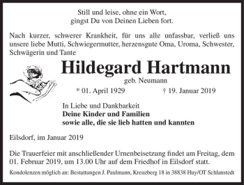 Traueranzeige von Hildegard Hartmann (geb. Neumann)  von Magdeburger Volksstimme