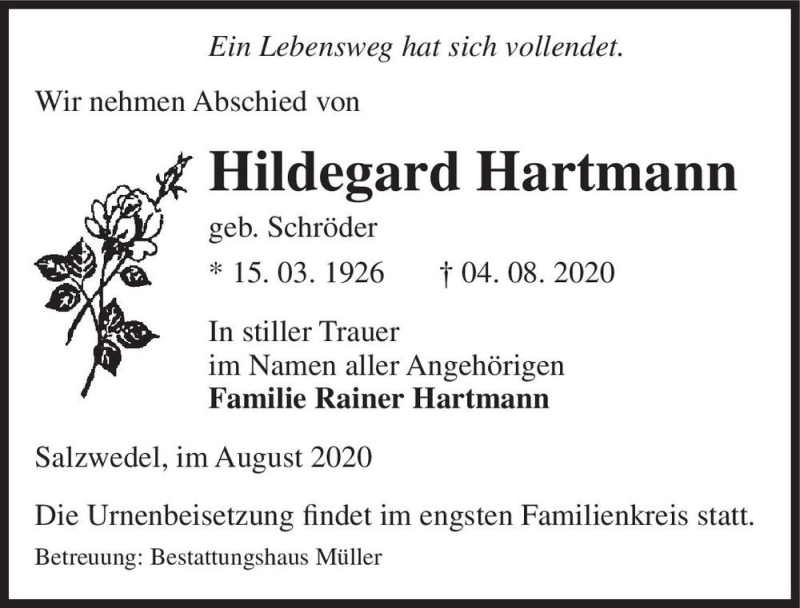  Traueranzeige für Hildegard Hartmann (geb. Schröder)  vom 08.08.2020 aus Magdeburger Volksstimme