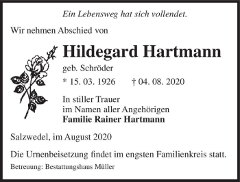 Traueranzeige von Hildegard Hartmann (geb. Schröder)  von Magdeburger Volksstimme