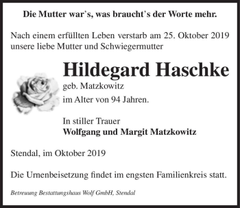 Traueranzeige von Hildegard Haschke (geb. Matzkowitz)  von Magdeburger Volksstimme
