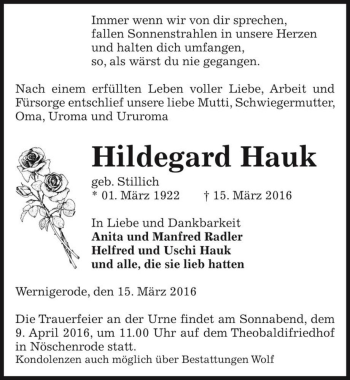 Traueranzeige von Hildegard Hauk (geb. Stillich)  von Magdeburger Volksstimme