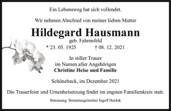 Traueranzeige von Hildegard Hausmann (geb. Fahrenfeld)  von Magdeburger Volksstimme