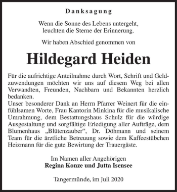 Traueranzeige von Hildegard Heiden  von Magdeburger Volksstimme