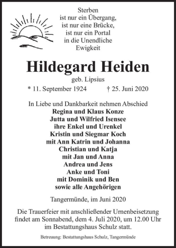 Traueranzeige von Hildegard Heiden (geb. Lipsius)  von Magdeburger Volksstimme