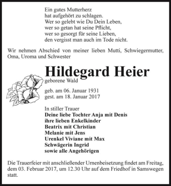 Traueranzeige von Hildegard Heier (geb. Wald)  von Magdeburger Volksstimme