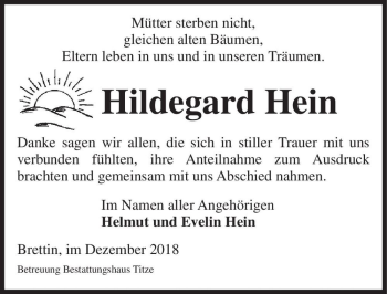 Traueranzeige von Hildegard Hein  von Magdeburger Volksstimme