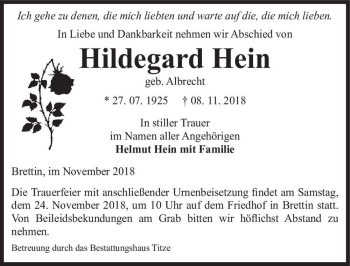 Traueranzeige von Hildegard Hein (geb. Albrecht)  von Magdeburger Volksstimme