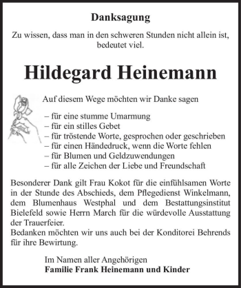 Traueranzeige von Hildegard Heinemann  von Magdeburger Volksstimme