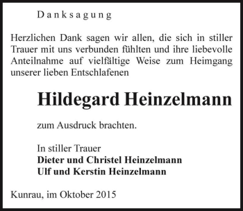 Traueranzeige von Hildegard Heinzelmann  von Magdeburger Volksstimme