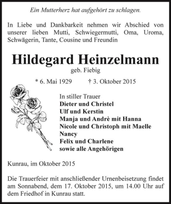 Traueranzeige von Hildegard Heinzelmann  von Magdeburger Volksstimme