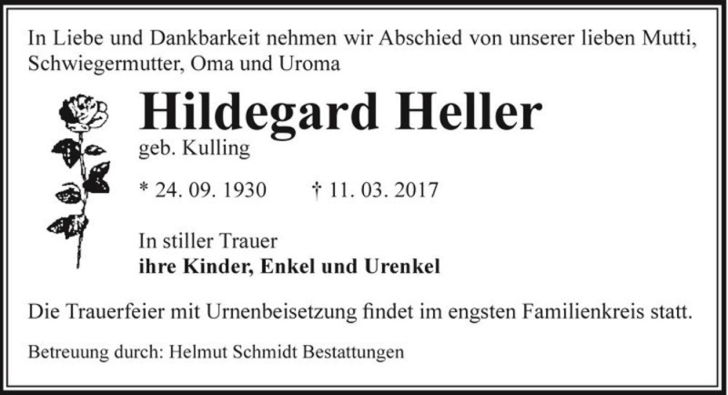  Traueranzeige für Hildegard Heller (geb. Kulling)  vom 18.03.2017 aus Magdeburger Volksstimme