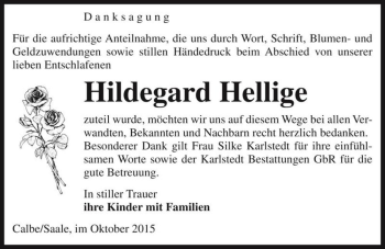Traueranzeige von Hildegard Hellige  von Magdeburger Volksstimme