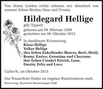 Traueranzeige von Hildegard Hellige (geb. Tippelt)  von Magdeburger Volksstimme