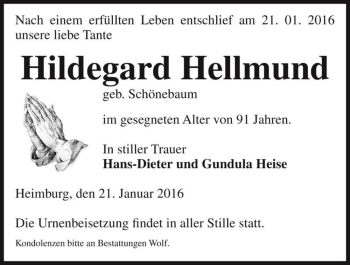 Traueranzeige von Hildegard Hellmund (geb. Schönebaum)  von Magdeburger Volksstimme