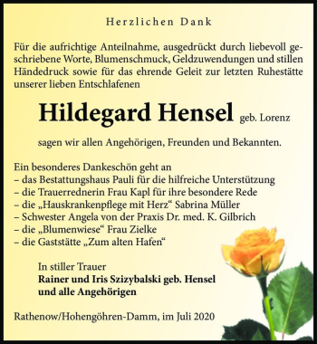 Traueranzeige von Hildegard Hensel (geb. Lorenz)  von Magdeburger Volksstimme