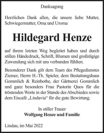 Traueranzeige von Hildegard Henze  von Magdeburger Volksstimme