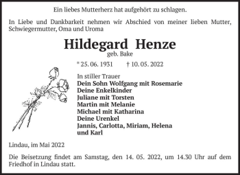 Traueranzeige von Hildegard Henze (geb. Bake)  von Magdeburger Volksstimme