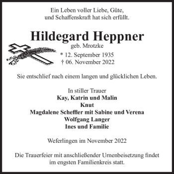Traueranzeige von Hildegard Heppner (geb. Mrotzke)  von Magdeburger Volksstimme