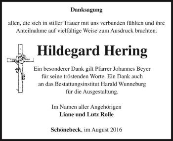 Traueranzeige von Hildegard Hering  von Magdeburger Volksstimme