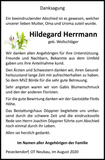 Traueranzeige von Hildegard Herrmann (geb. Wollschläger)  von Magdeburger Volksstimme