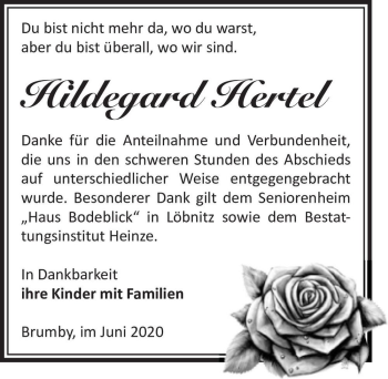 Traueranzeige von Hildegard Hertel  von Magdeburger Volksstimme