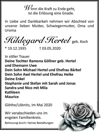 Traueranzeige von Hildegard Hertel (geb. Koch)  von Magdeburger Volksstimme