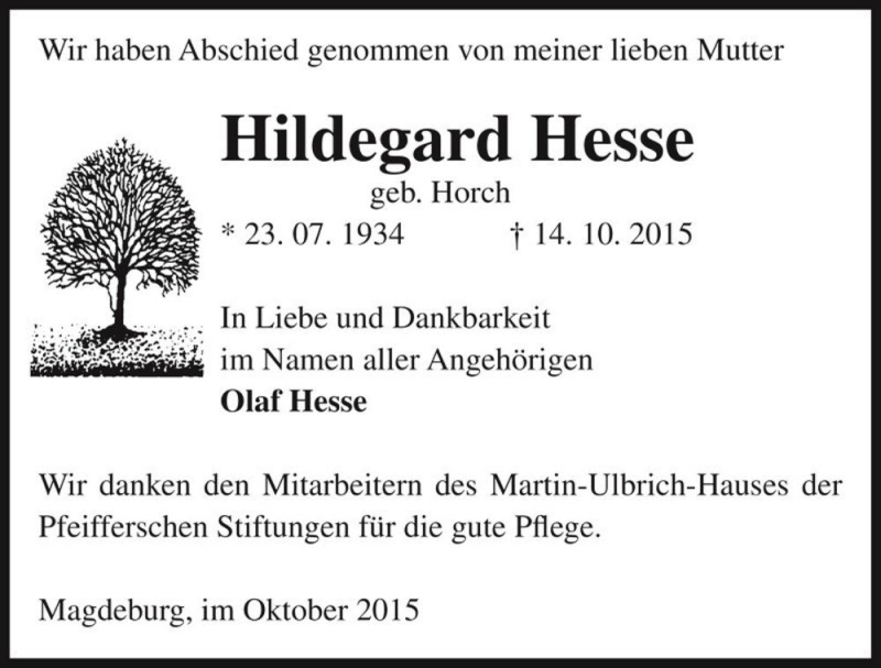  Traueranzeige für Hildegard Hesse (geb. Horch)  vom 30.10.2015 aus Magdeburger Volksstimme