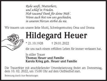 Traueranzeige von Hildegard Heuer  von Magdeburger Volksstimme
