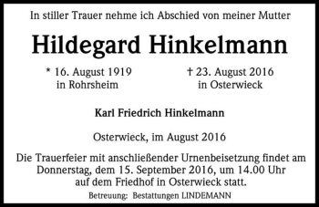 Traueranzeige von Hildegard Hinkelmann  von Magdeburger Volksstimme