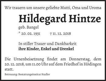 Traueranzeige von Hildegard Hintze (geb. Bangel)  von Magdeburger Volksstimme