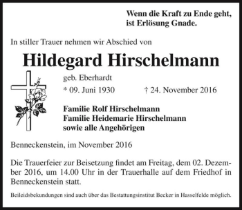 Traueranzeige von Hildegard Hirschelmann (geb. Eberhardt)  von Magdeburger Volksstimme