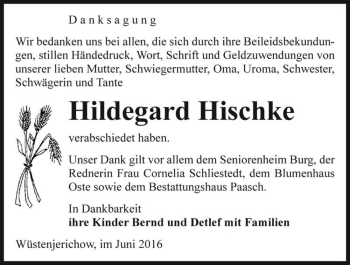 Traueranzeige von Hildegard Hischke  von Magdeburger Volksstimme