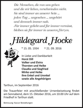 Traueranzeige von Hildegard Hocke  von Magdeburger Volksstimme