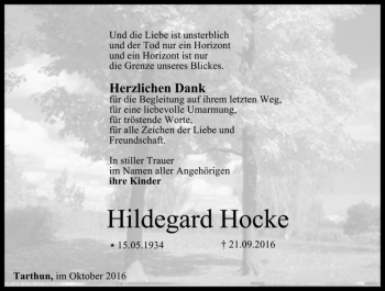Traueranzeige von Hildegard Hocke  von Magdeburger Volksstimme