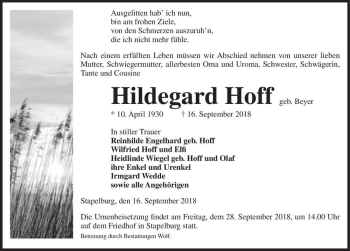 Traueranzeige von Hildegard Hoff (geb. Beyer)  von Magdeburger Volksstimme