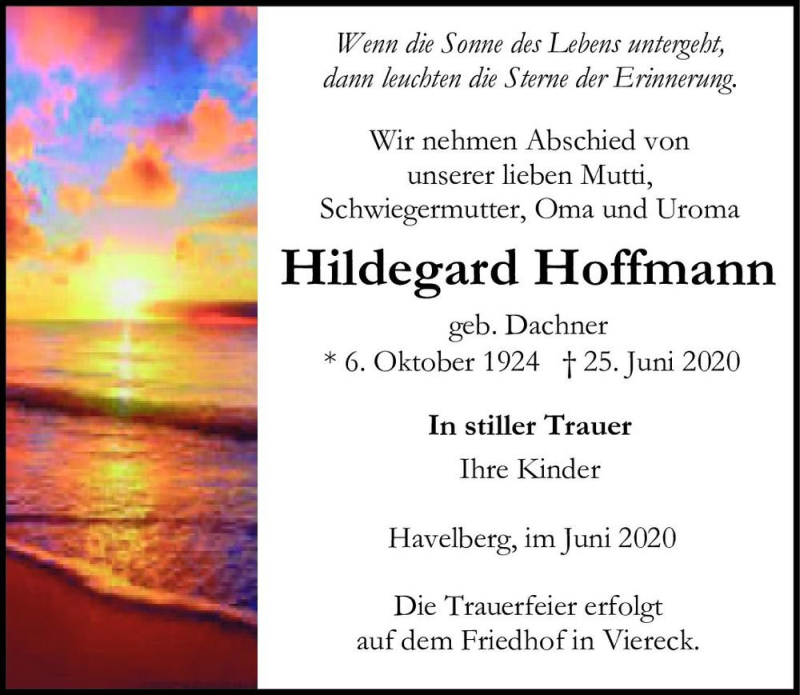  Traueranzeige für Hildegard Hoffmann (geb. Dachner)  vom 30.06.2020 aus Magdeburger Volksstimme