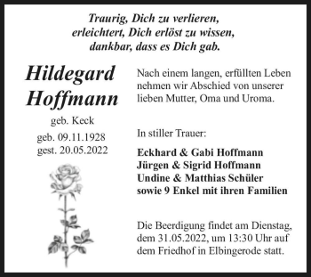 Traueranzeige von Hildegard Hoffmann (geb. Keck)  von Magdeburger Volksstimme