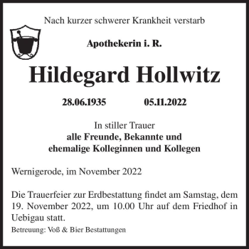 Traueranzeige von Hildegard Hollwitz  von Magdeburger Volksstimme