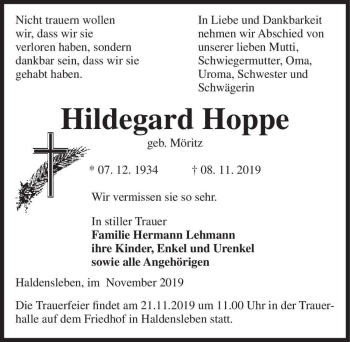 Traueranzeige von Hildegard Hoppe (geb. Möritz)  von Magdeburger Volksstimme