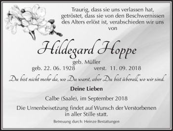 Traueranzeige von Hildegard Hoppe (geb. Müller)  von Magdeburger Volksstimme