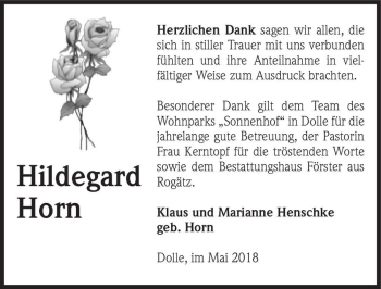 Traueranzeige von Hildegard Horn  von Magdeburger Volksstimme