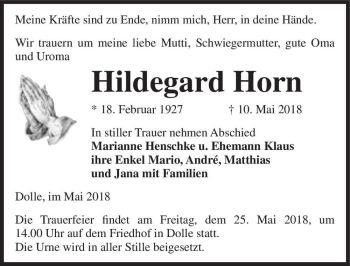 Traueranzeige von Hildegard Horn  von Magdeburger Volksstimme